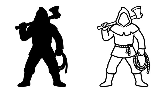 Executioner Silhouette and Outline: A hooded figure, representing an executioner, stands ready with an axe and rope, depicted in both solid silhouette and clear outline for versatile use.