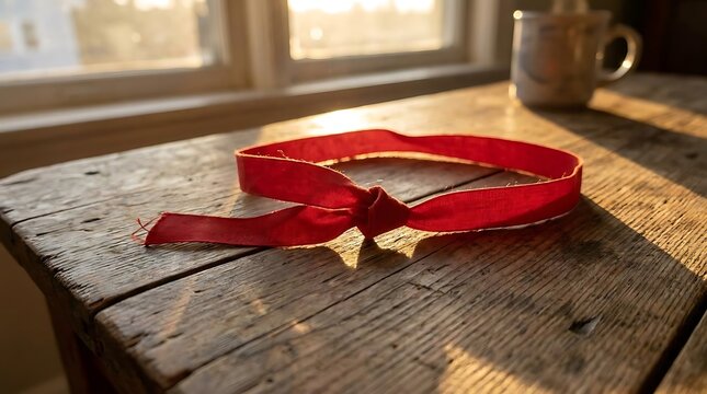 Red ribbon tied knot sunlight rustic wood table