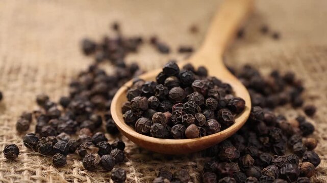 Black Peppercorns in a Wooden Spoon