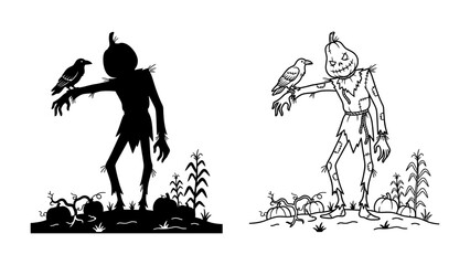 Halloween Scarecrow with Crow: A whimsical scarecrow with a pumpkin head stands in a field of pumpkins and corn stalks, accompanied by a watchful crow perched on its outstretched arm. © Harun