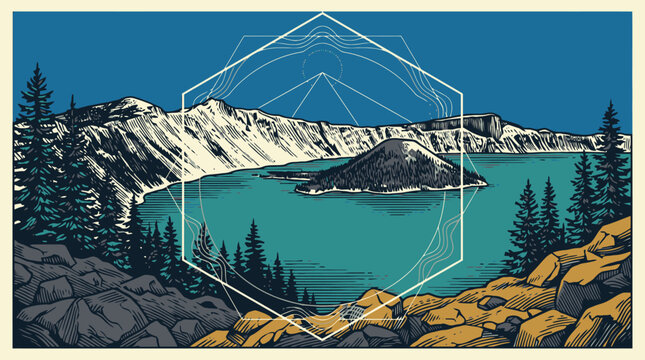 Mountain Lake Landscape Vector with Geometric Frame and Pine Trees.