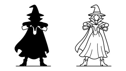 Witch Silhouette and Outline: A striking comparison of a witch character, presented in both a solid black silhouette and a detailed line art outline, highlighting its mystical costume and iconic hat. © Raima