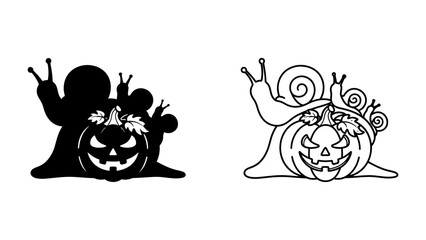 Halloween Snail and Pumpkin Silhouette: A whimsical illustration features a snail and its young crawling on a carved pumpkin, perfect for a spooky or autumnal theme. © Kuddus