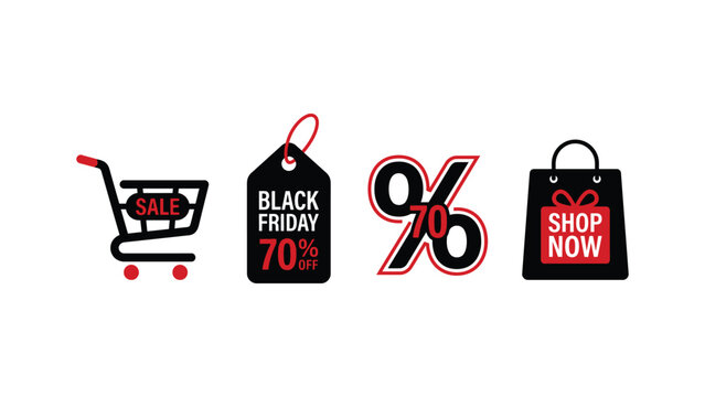 Black friday sale shopping icons with shopping cart and bags