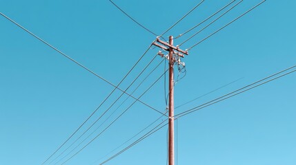 Fototapeta premium Utility pole with power lines against a clear blue sky showcasing an urban landscape and showcasing the beauty of electrical infrastructure in nature
