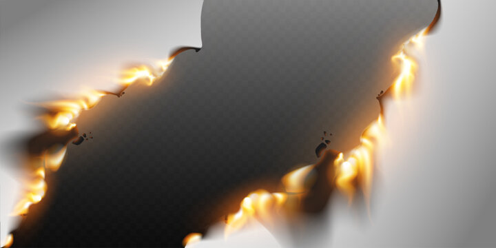 Burning paper creating a jagged hole with realistic fire and smoke on a transparent background