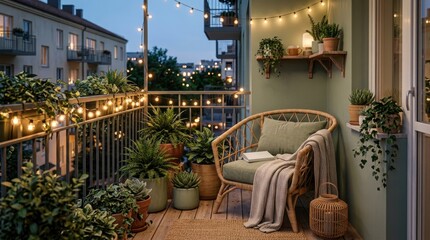 Fototapeta premium Cozy balcony outdoor living space with wicker chair and soft lighting. Stylish urban terrace relaxation area featuring warm string lights and home...