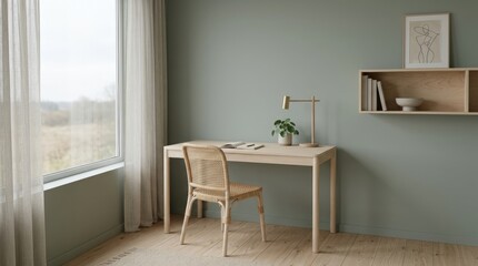 Fototapeta premium Modern home office desk with wooden chair and natural light. Minimalist workspace setup for remote work and productivity in a bright room.