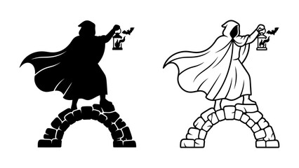 Mysterious Figure with Lantern on Bridge: A cloaked figure holding a lantern stands on a stone bridge, casting shadows and evoking a sense of mystery and adventure. © Kuddus