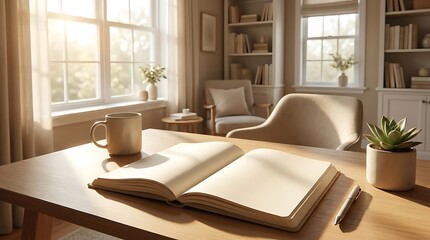 Fototapeta premium Open book and coffee cup on table in sunlit room with bookshelf