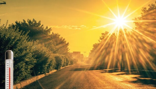 Hot sunny day on empty road surrounded by trees, thermometer shows high temperature.
