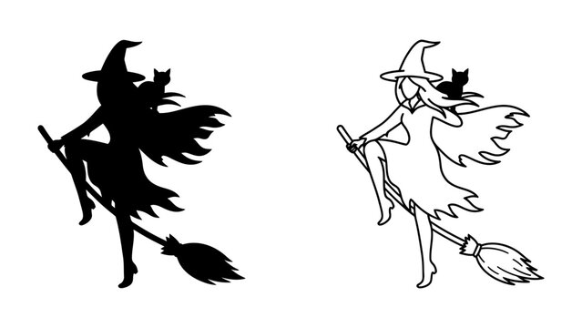Witch on Broom with Cat Silhouette and Outline