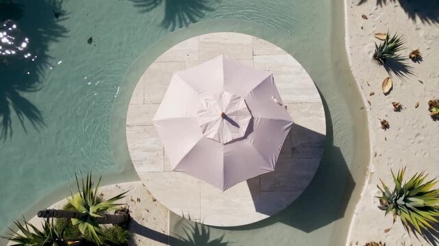 Sunlight and breeze causing pink umbrella casting shifting shadow on round deck, ripples moving