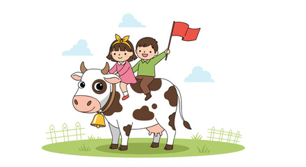 Fototapeta premium Little boy and girl sitting together on the back of a friendly spotted cow with a bell in a peaceful green farm pasture.