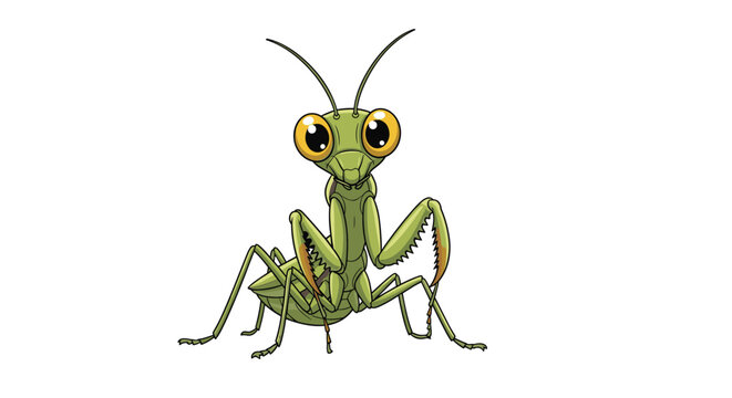 Detailed cartoon illustration of a green praying mantis insect standing in a natural pose against a clean white background.