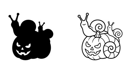 Halloween snails and pumpkin illustration, a creepy pumpkin with a carved scary face and spirals on the shell of snails climbing on the pumpkin. © Sajid