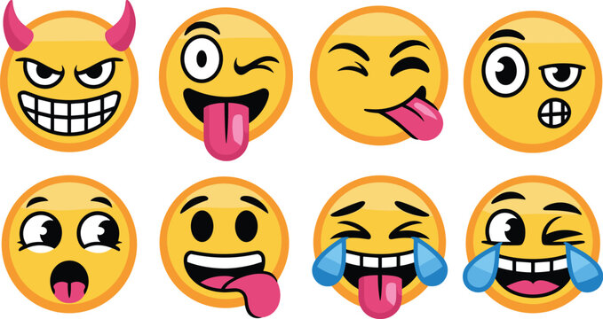 Funny Cartoon Emoji Character Set with Crazy Expressions Silly Tongues Crying Laughing Face and Devil Horns for Digital Communication Graphic Vector DesignsFunny Cartoon Emoji Character Set with Crazy