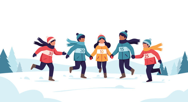 Group of children wearing warm winter clothing and numbered bibs running joyfully together in a beautiful snowy mountain landscape for sport.