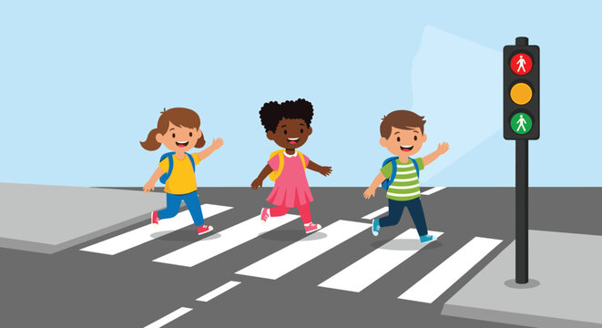 Diverse group of young students with backpacks carefully crossing the street on a crosswalk with a green pedestrian traffic light.