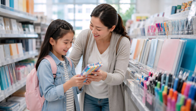 Woman and schoolgirl choosing stationery in shop for back to school. Asian mother and daughter selecting supplies together in store aisle. Retail shopping experience for education season.