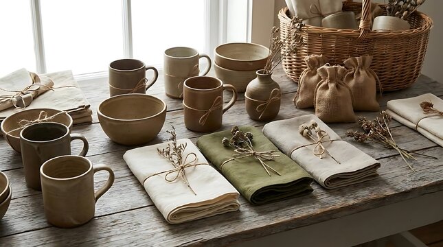 Rustic ceramic tableware and napkins displayed on wooden table