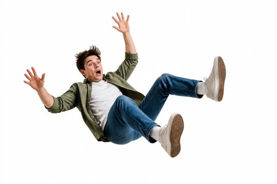 Young man falling backward against white studio background