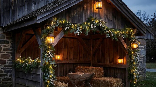 Rustic outdoor nativity scene with twinkling lights and hay bales