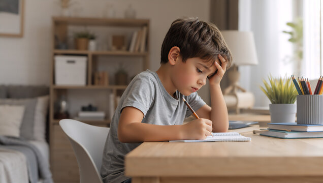 The child does their homework independently. Stressed boy doing school homework. Back to school concept. Education, learning difficulty and academic pressure in home environment.