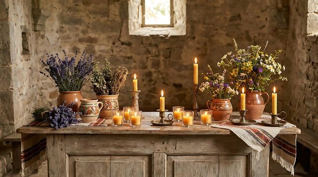 Rustic still life with candles and flowers in old stone interior