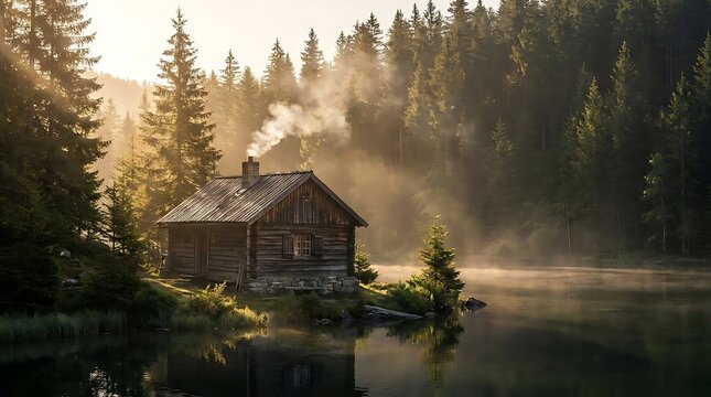 Rustic wooden cabin by a misty lake in a sunlit forest