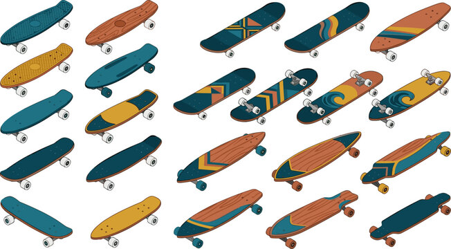 Isometric skateboard vector set featuring retro longboard cruiser and penny board graphics with geometric wood textures isolated on clean white background