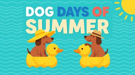 Fototapeta premium Two dachshunds in yellow inflatable ducks with hats on turquoise water with wavy pattern in sunny summer day for greeting card