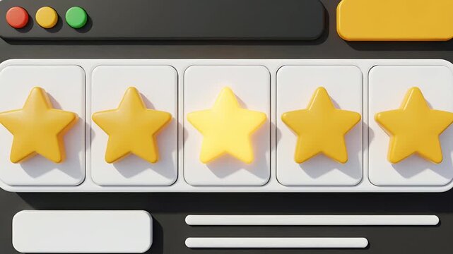 Animating 5-star rating module pulsing center star on panel load with header icons, showing choice
