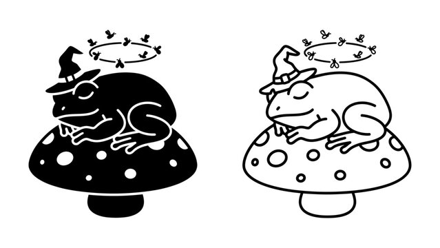 Enchanting Frog Wizard: A charming frog wearing a wizard hat rests peacefully atop a polka-dotted mushroom, a whimsical halo encircling its head.