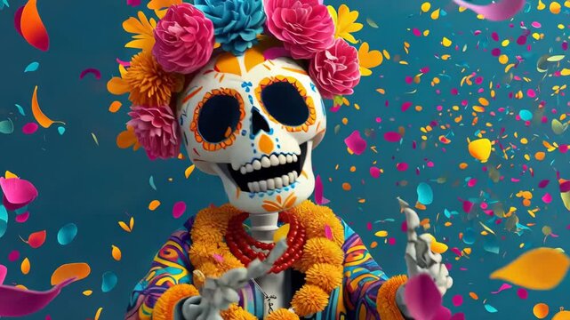 Festive video of a colorful Calavera skull dancing on a blue background while vibrant flower petals float through the air. Inspired by Day of the Dead traditions, celebration, culture, and joyful arti