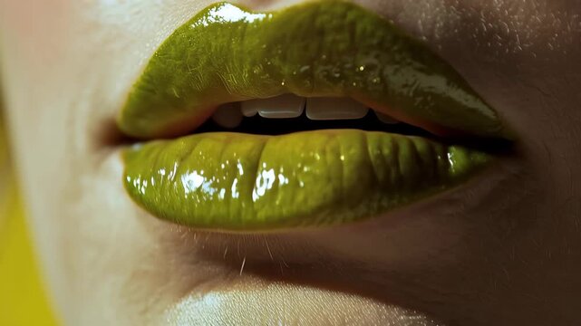 Macro video of lips wearing bold lime green lipstick with flawless makeup details. Beauty and fashion concept featuring vibrant color, modern cosmetics, creative styling, and trendy editorial aestheti