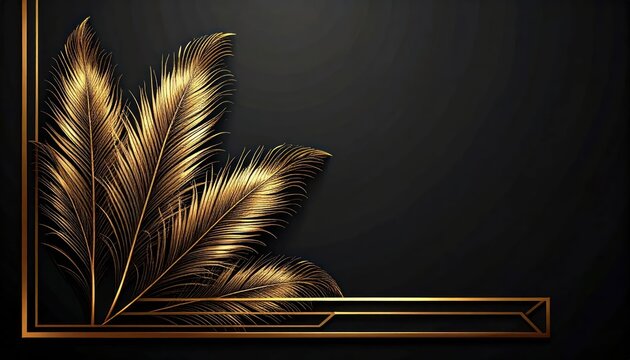 Elegant gold feather corner border on black background