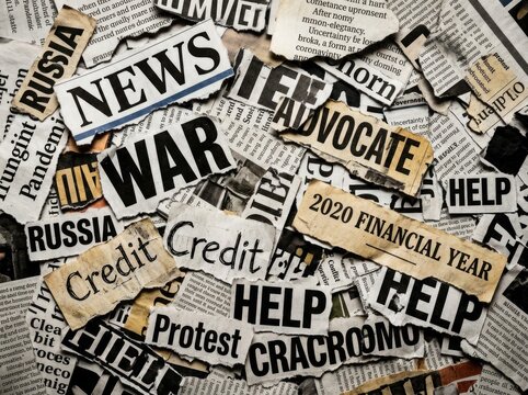 Torn newspaper headlines like "NEWS," "WAR," "Credit," and "HELP" scattered, symbolizing information overload and a chaotic media landscape, depicting current events.