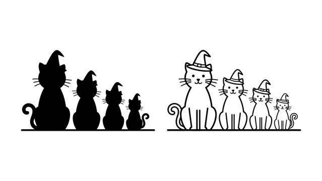 Halloween Cats Silhouettes and Line Art: A charming set featuring silhouettes and line art of three cats wearing witch hats, perfect for a playful Halloween theme.