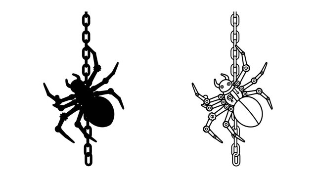 Spider hanging on chain, Black and white illustration: A spider rendered in both silhouette and line art, suspended from a heavy chain, evokes a sense of suspense and the macabre.