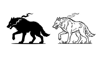 Mystical Wolf Duo: A striking illustration featuring two wolves, one a stark black silhouette radiating energy and the other a detailed sketch adorned with celestial symbols like the moon. © Raima