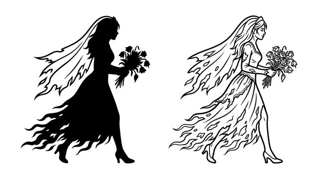 Ethereal Bride Silhouette: A beautiful bride in a flowing wedding gown and veil, holding a bouquet of flowers, depicted in both a dramatic silhouette and a detailed line drawing.