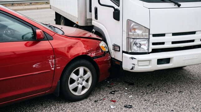 Traffic accident involving a red car and a white delivery truck, damaged bumper and debris on asphalt, auto insurance claim concept.