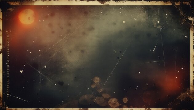 A weathered vintage film strip texture displays scratches, dust, and a warm orange light leak against a dark backdrop.