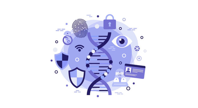 Biometric Security and Genetic Data Privacy Concept Illustration with DNA Helix Fingerprint Eye Scan and Security Icons