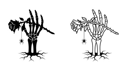 Skeleton Hand with Rose and Spider: A striking visual of a skeletal hand emerging from cracked earth, tenderly holding a dark rose, with a small spider dangling nearby. © Raima