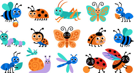 Fototapeta premium Cute insect vector illustration set featuring colorful cartoon bugs bees butterflies ladybugs grasshopper ants snail and dragonfly characters isolated on white background
