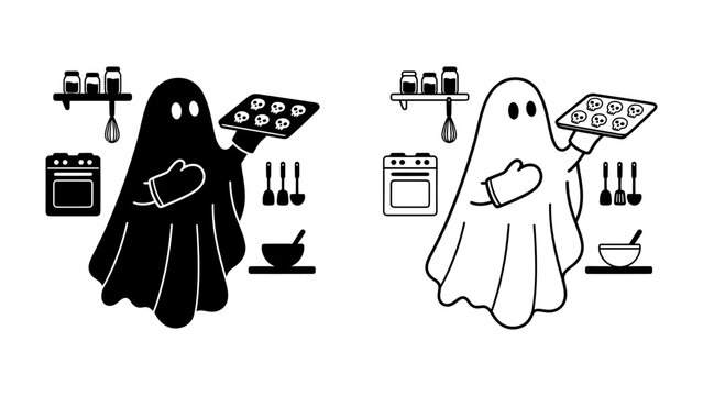 Spooky Baking Ghost: A charming ghost dressed in a costume holds a tray of freshly baked cupcakes in a kitchen setting, perfect for Halloween or any spooky celebration.
