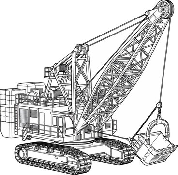 Detailed line drawing of a dragline excavator, Heavy construction crane with tracks and bucket lifting heavy loads on a building site