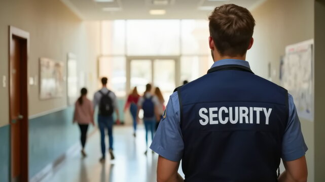 A rear view of a man in a blue shirt and security vest guarding a school with students